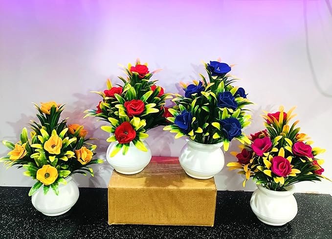 Artificial Flower| Faux Flower Plant for Home Office Decor | Tabletop and Desk Decoration | Artificial Flower for Balcony Decor [Multicolour, Set of 4 ] Plastic